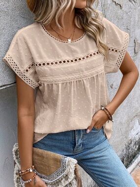 Emery Rose Size XL Beige Swiss Dot Lace-Trim Bat Wing Sleeve Peasant Top